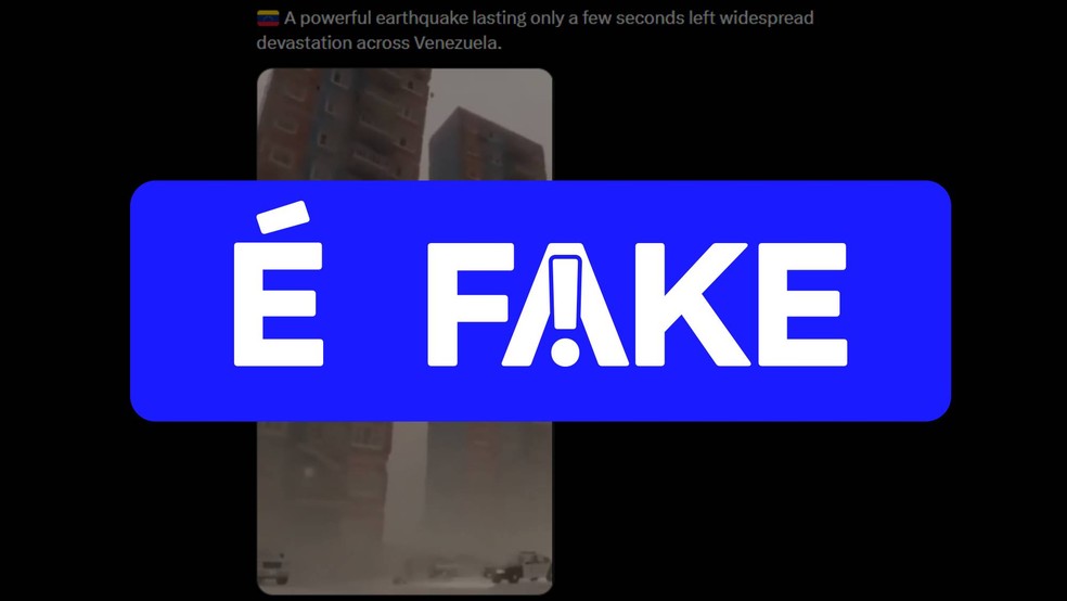 É #FAKE que vídeo de prédios desabando e colidindo mostre terremoto na Venezuela; trata-se de simulação criada em videogame — Foto: Reprodução