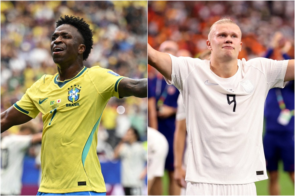 Vini Jr. e Erling Haaland em partidas da Copa do Mundo 2026. — Foto: Reuters