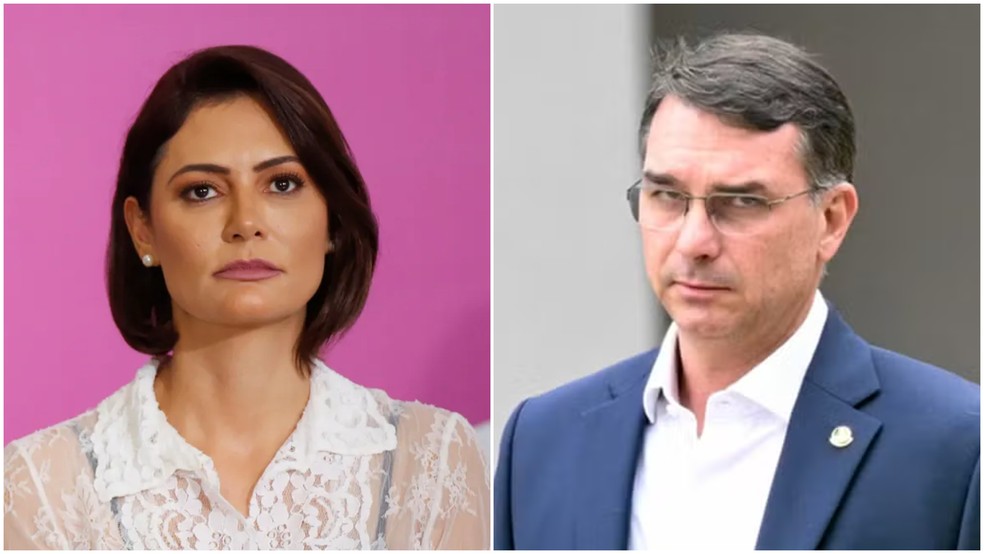 Montagem com fotos da ex-primeira-dama Michelle Bolsonaro e do senador Flávio Bolsonaro (PL-RJ) — Foto: Adriano Machado/Reuters e Evaristo Sá/AFP