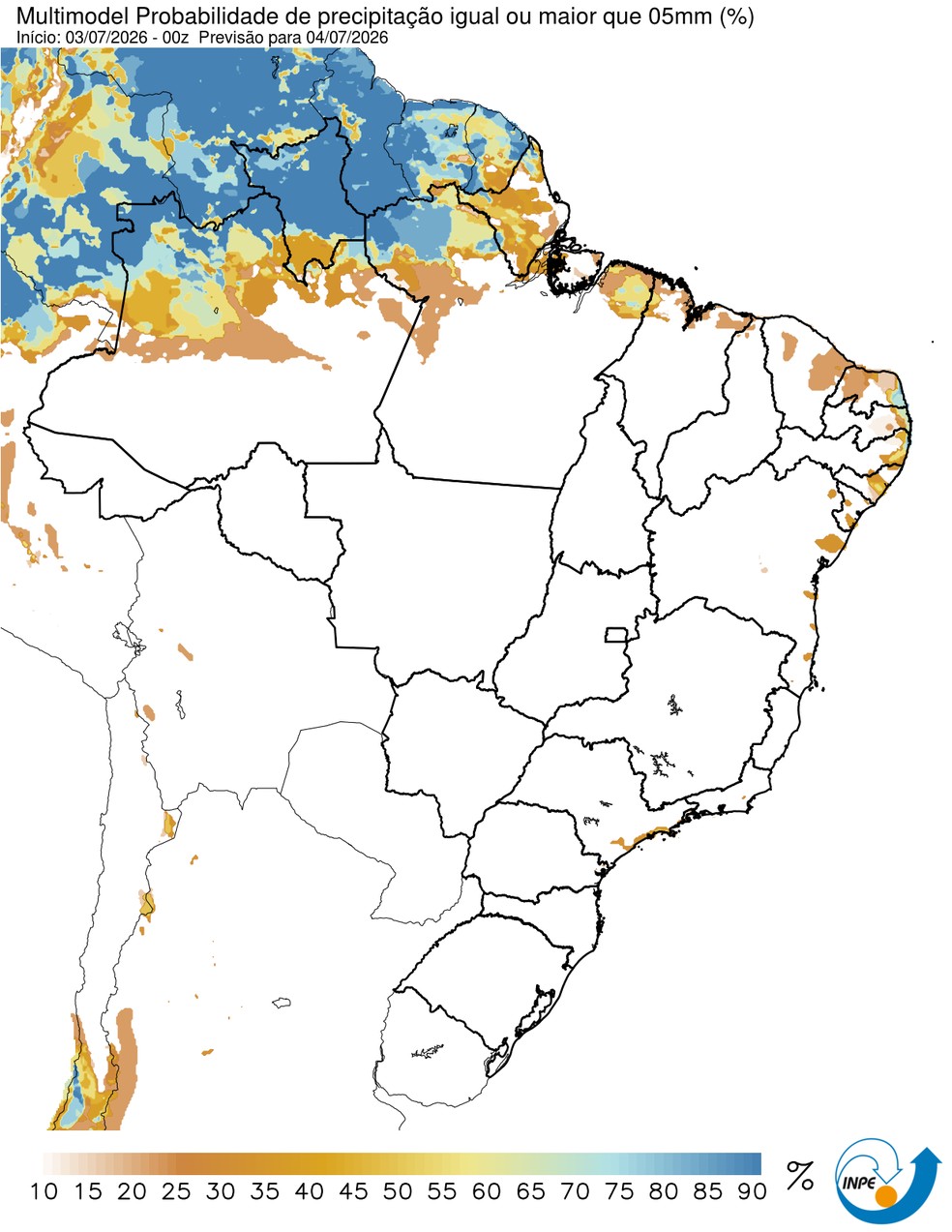 Previsão de chuva neste sábado em todo o país. — Foto: CPTEC/Inpe