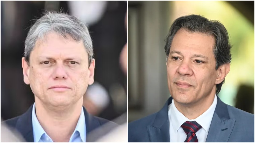 Montagem com fotos dos pré-candidatos a governador de São Paulo: Tarcísio de Freitas (Republicanos) e Fernando Haddad (PT) — Foto: Miguel Pessoa/Código 19/Estadão Conteúdo e Ton Molina/Fotoarena/Estadão Conteúdo