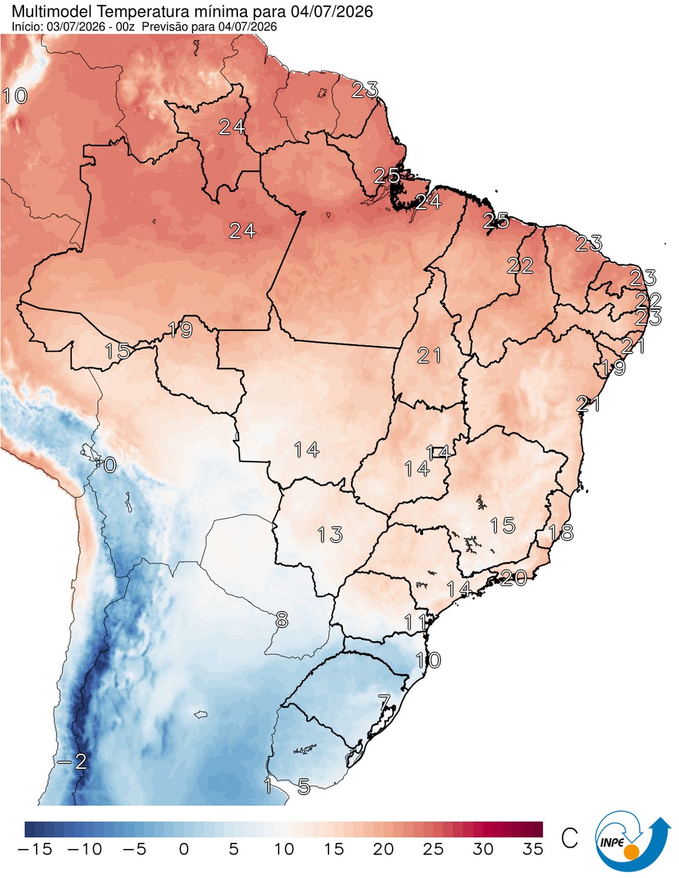 Temperaturas mínimas previstas para este sábado em todo o Brasil. — Foto: CPTEC/Inpe