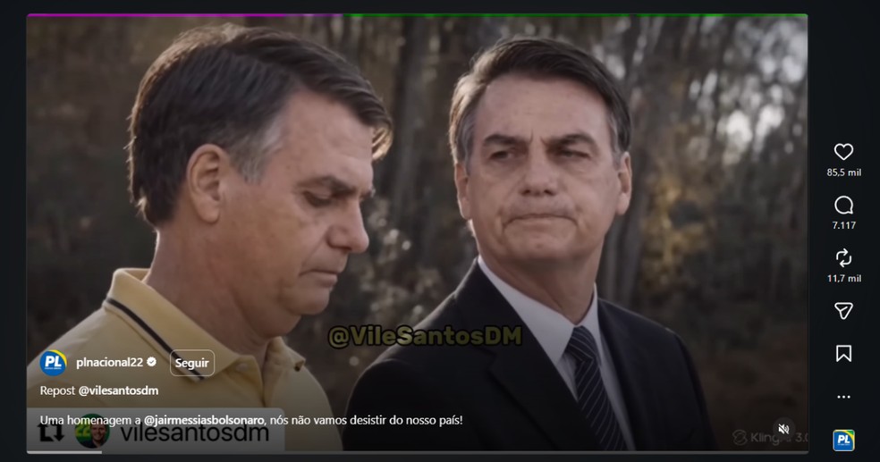 O PL repostou vídeo produzido por um apoiador que usa IA para mostrar Jair Bolsonaro em diferentes fases da vida — Foto: Reprodução/Instagram