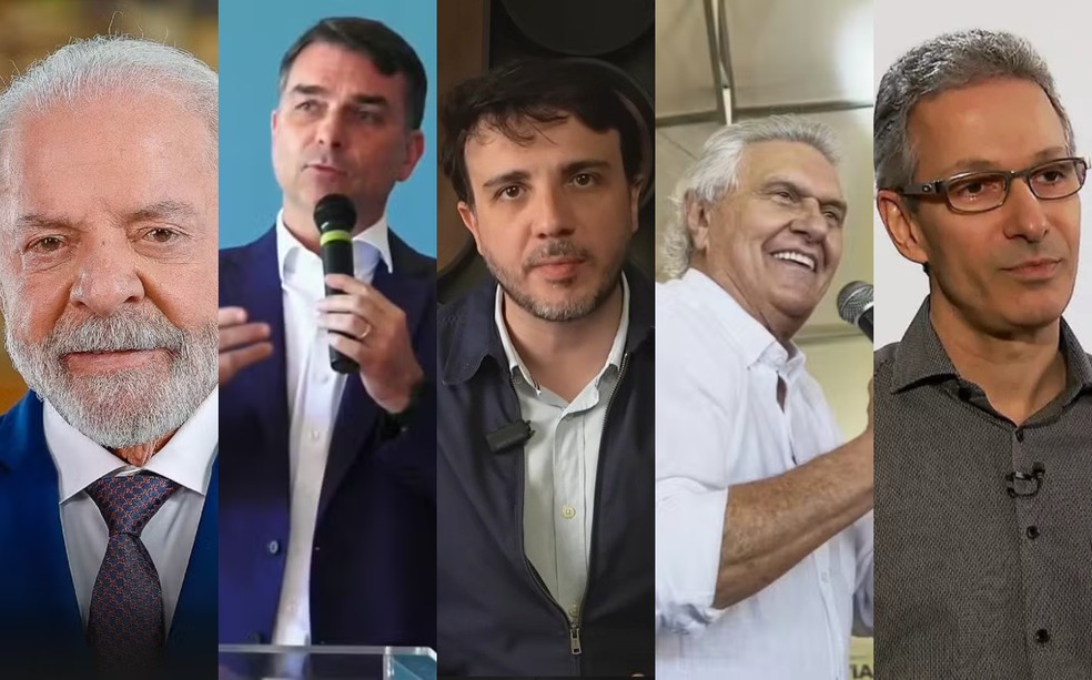 Lula, Flávio Bolsonaro, Renan e Caiado já têm jingles circulando antes do início oficial da campanha presidencial; Zema ainda não. g1 analisou as letras, os clipes e as referências de cada uma delas. — Foto: Redes sociais