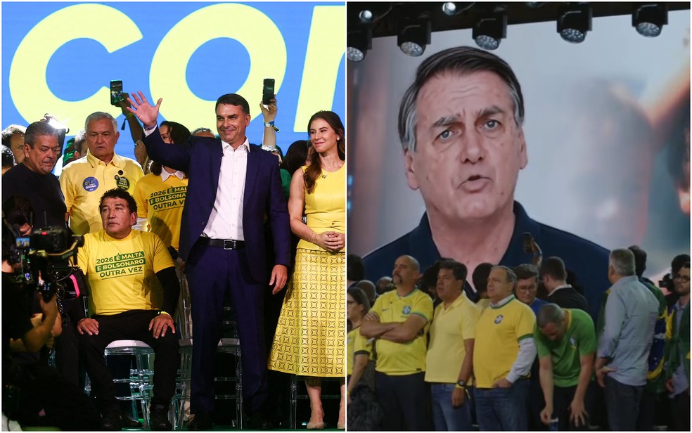 Flávio Bolsonaro discursa; vídeo de Bolsonaro feito de IA é exibido — Foto: Reuters; Reprodução/YouTube