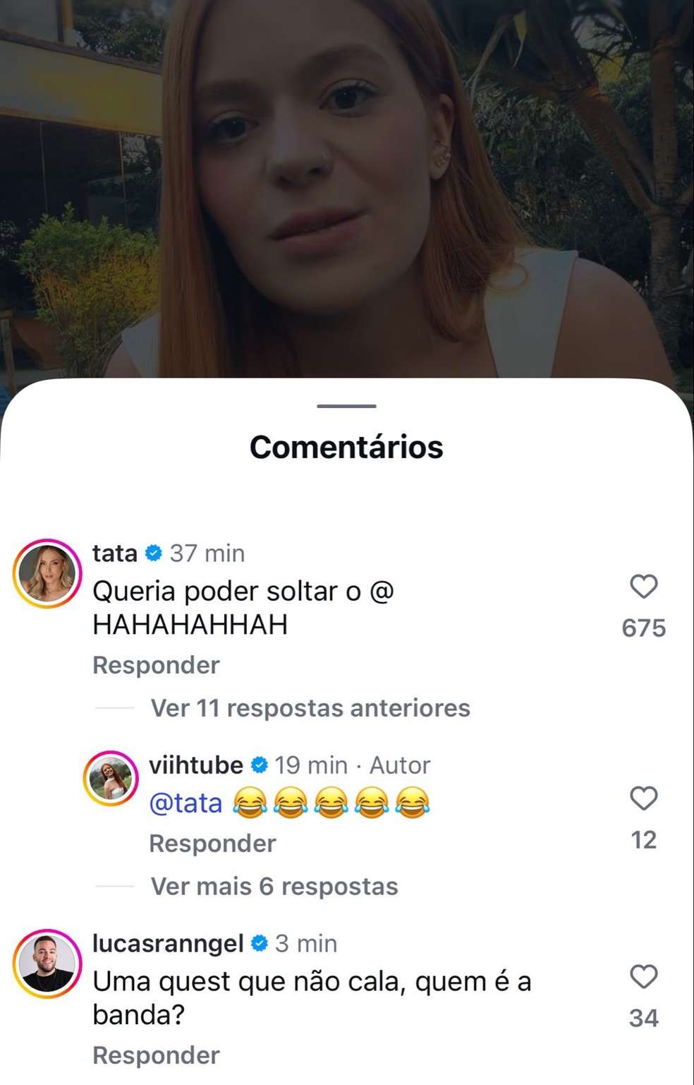 Amigos de Vih Tube, Tata Estaniecki e Lucas Rangel comentaram a publicação com pistas sobre a banda que teria cancelado o show. — Foto: Divulgação/Instagram/Viih Tube