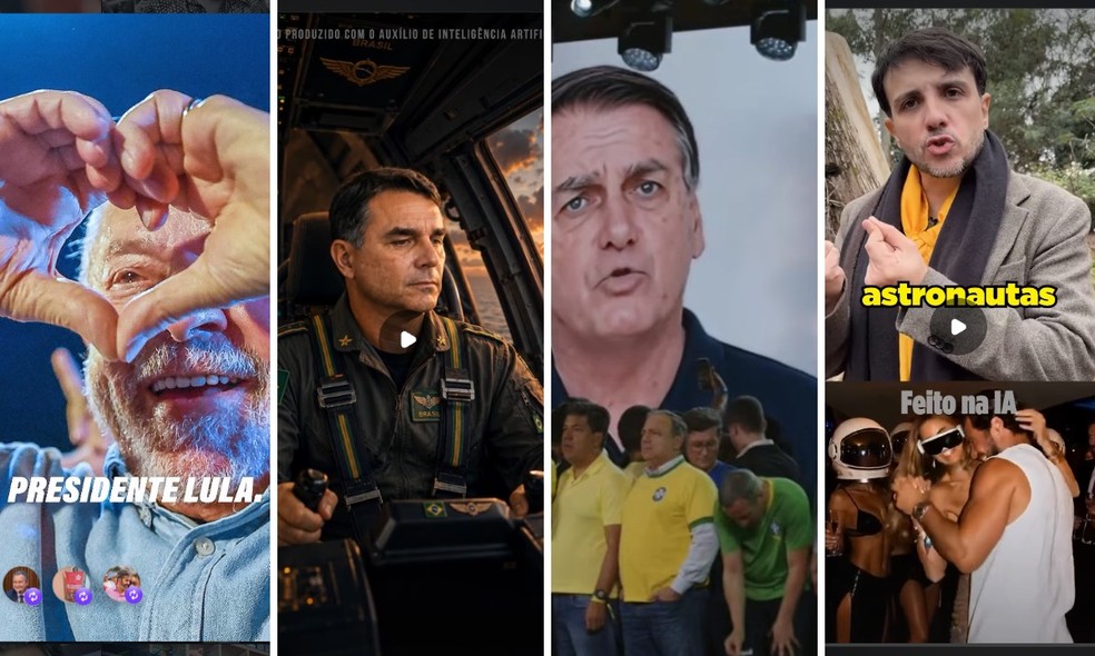 Lula em vídeo com música cuja voz foi produzida com auxílio de IA; Flávio Bolsonaro retratado como piloto; Jair Bolsonaro em vídeo sintético exibido na convenção do PL; e Renan Santos em publicação que usa IA em vídeo sobre Daniel Vorcaro — Foto: Reprodução/Instagram