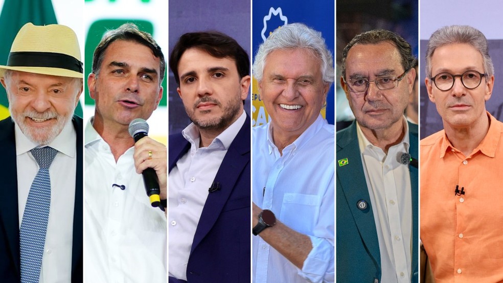 Lula, Flávio Bolsonaro, Renan Santos, Ronaldo Caiado, Augusto Cury e Romeu Zema: candidatos à Presidência da República — Foto: Divulgação