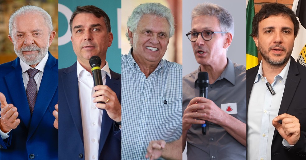 Lula, Flávio Bolsonaro, Ronaldo Caiado, Romeu Zema, Renan Santos — Foto: Ricardo Stuckert, Raul Spinassé, Cristiano Borges, Karoline Barreto e Reprodução