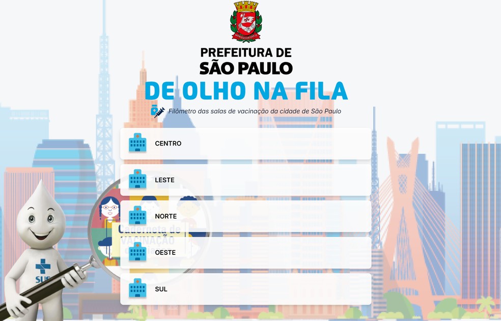 Tela principal da página De Olho Na Fila, o "filômetro" da vacinação contra o sarampo da cidade de São Paulo — Foto: Reprodução/Prefeitura de SP
